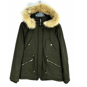 ZARA Green Jacket Fur Trim Hood water resistant M